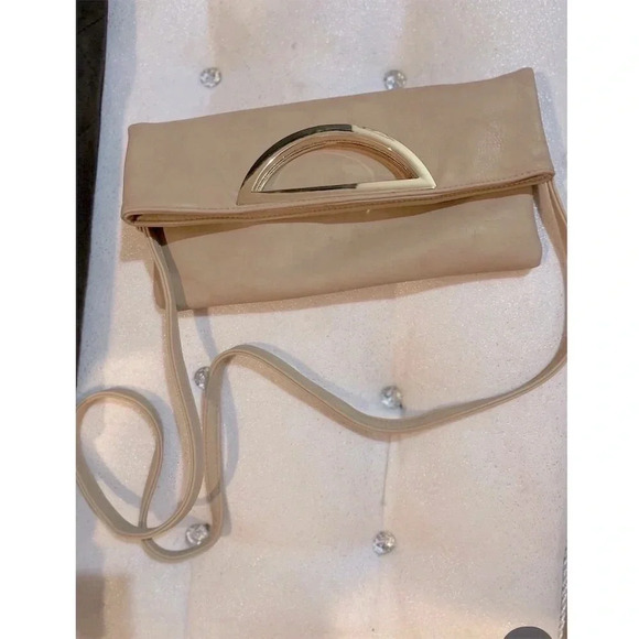 Aldo Handbags - Aldo Beige Fold Over Crossbody Bag Clutch with Gold Accent Adjustable Strap